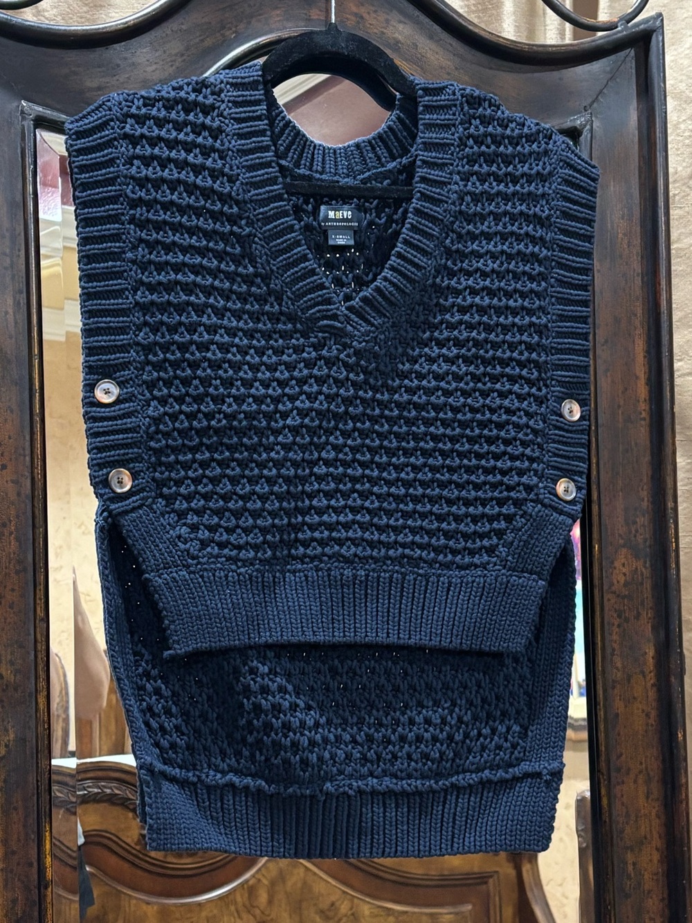 Maeve Navy Chunky Knit V-Neck Sweater Vest with Side Buttons